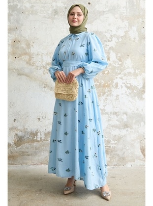 Blue - Floral - Cuban Collar - Fully Lined - Modest Dress - InStyle