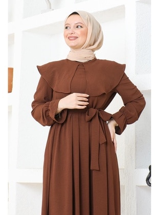 Brown - Modest Dress - Burcu Fashion