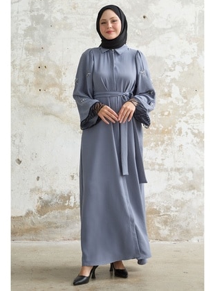 Grey - Floral - Cuban Collar - Modest Dress - InStyle