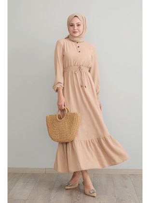 Beige - Button Collar - Unlined - Modest Dress - InStyle