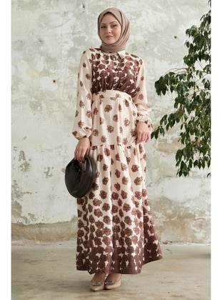 Brown - Cuban Collar - Modest Dress - InStyle