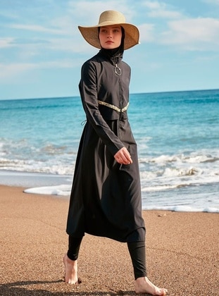 أسود - نسيج غير مبطن - تصاميم بطبعات - ملابس السباحة للمحجبات - Marina