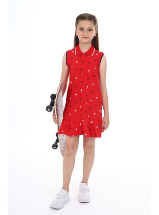 Sea Green - Red - Girls` Dress - Toontoy