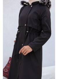 Long Coat With Drawstring Waist Black