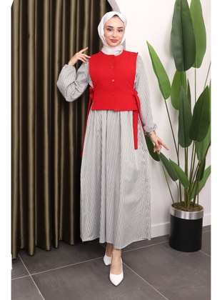 Red - Unlined - Modest Dress - İmaj Butik