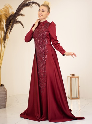 Burgundy - Modest Evening Dress - Piennar