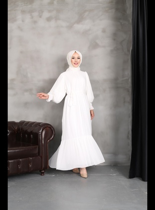 White - Modest Dress - Nergis Neva