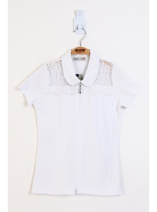 Navy Blue - Ecru - White - Girls` T-Shirt - Toontoy