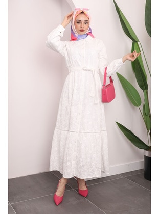 White - Unlined - Modest Dress - İmaj Butik