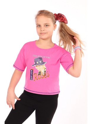 Dark Powder Pink - Beige - Green - Fuchsia - Girls` T-Shirt - Toontoy