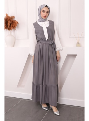 Grey - Unlined - Modest Dress - İmaj Butik