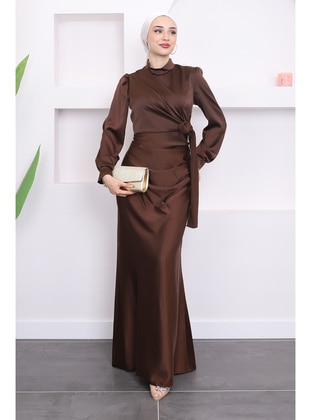 Brown - Fully Lined - Modest Evening Dress - İmaj Butik
