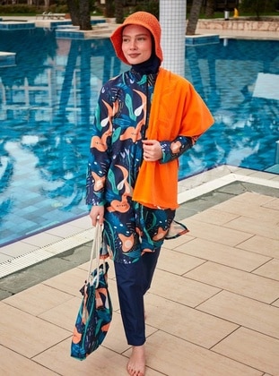 Navy Blue - Unlined - Printed - Burkini - Riva Mera