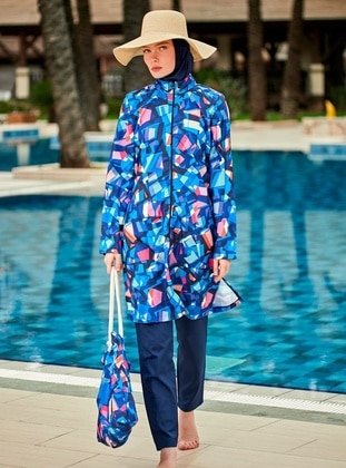 Navy Blue - Unlined - Printed - Burkini - Riva Mera