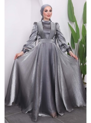 Grey - Fully Lined - Modest Evening Dress - İmaj Butik