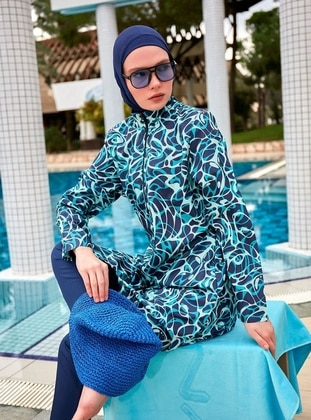 Navy Blue - Unlined - Printed - Burkini - Riva Mera