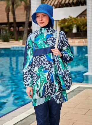 Navy Blue - Unlined - Printed - Burkini - Riva Mera