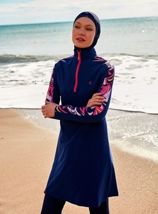 Navy Blue - Unlined - Printed - Burkini - Marina