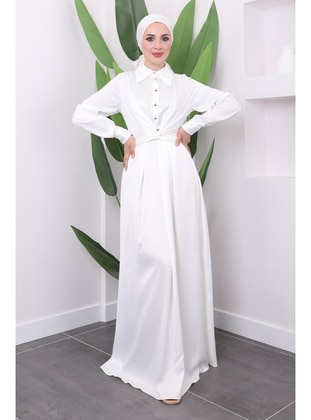 White - Unlined - Modest Evening Dress - İmaj Butik