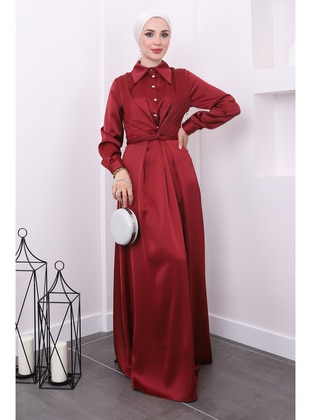 Burgundy - Unlined - Modest Evening Dress - İmaj Butik