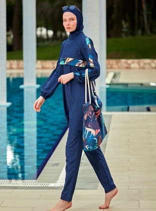 Navy Blue - Unlined - Printed - Burkini - Riva Mera