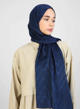 Navy Blue - Plain - Jacquard - Shawl - Tuva