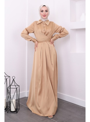 Camel - Unlined - Modest Evening Dress - İmaj Butik