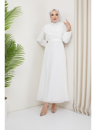 White - Modest Evening Dress - Hakimoda