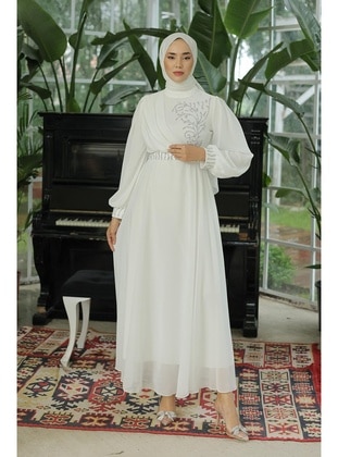 White - Modest Evening Dress - Hakimoda