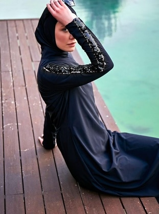 Black - Unlined - Printed - Burkini - Marina