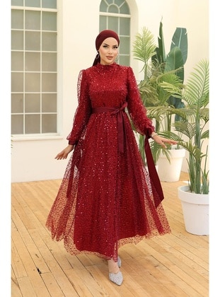 Burgundy - Modest Evening Dress - Hakimoda