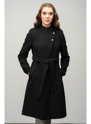 Black - Crew neck - Coat - Olcay