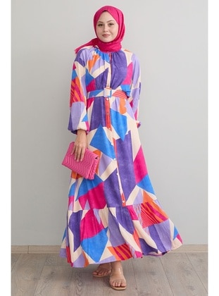 Fuchsia - Geometric - Button Collar - Unlined - Modest Dress - InStyle