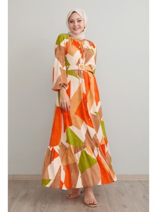 Orange - Button Collar - Modest Dress - InStyle