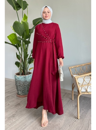 Burgundy - Crew neck - Modest Dress - InStyle