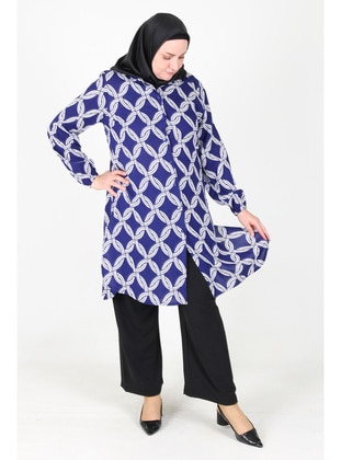 White - Blue - Plus Size Tunic - GELİNCE