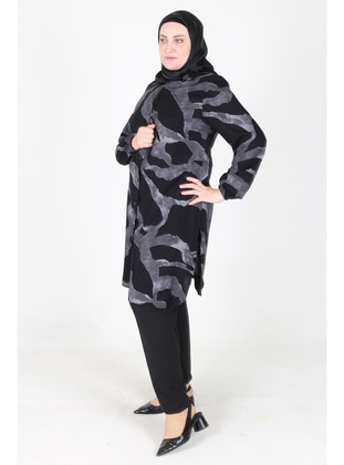 Black - Gray - Plus Size Tunic - GELİNCE