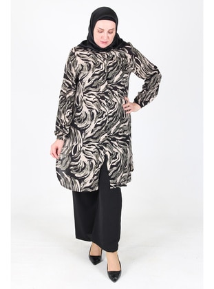 Black - Khaki - Plus Size Tunic - GELİNCE