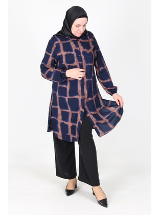 Navy Blue - Coffee Brown - Plus Size Tunic - GELİNCE