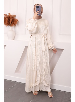 Beige - Fully Lined - Modest Dress - İmaj Butik