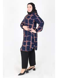 Navy Blue - Coffee Brown - Plus Size Tunic