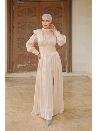 Beige - Modest Evening Dress - Hakimoda