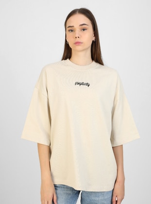 Women`s Oversized T-Shirt with Print Details - Ecru - Benin