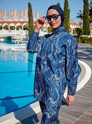 Navy Blue - Printed - Burkini - Remsa Mayo