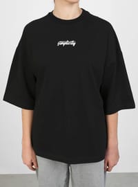Oversize Print Detail Damen T-Shirt Schwarz