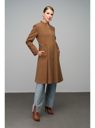 Tan - Crew neck - Coat - Olcay