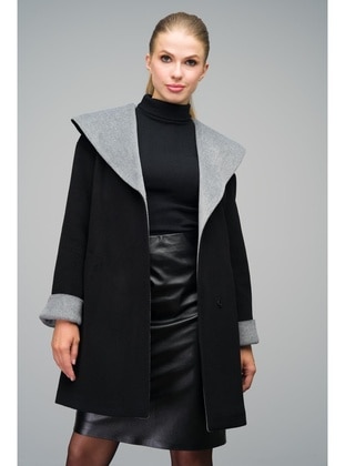 Black - Hooded collar - Coat - Olcay