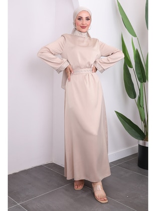 Beige - Fully Lined - Modest Evening Dress - İmaj Butik