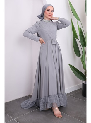 Grey - Fully Lined - Modest Evening Dress - İmaj Butik