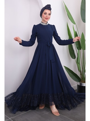 Navy Blue - Fully Lined - Modest Evening Dress - İmaj Butik